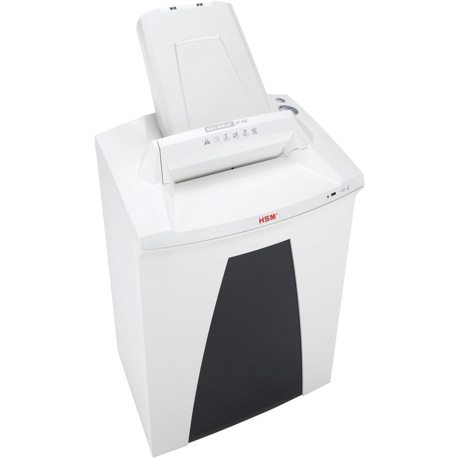 HSM SECURIO AF500 - 1/16" x 5/8" - Continuous Shredder - Particle Cut - 11 Per Pass - for shredding Staples, Paper, Paper Clip, Credit Card - 0.187" x 1.250" Shred Size - P-5/T-5/E-4/F-2 - 9.45" Throat - 21.70 gal Wastebin Capacity - White