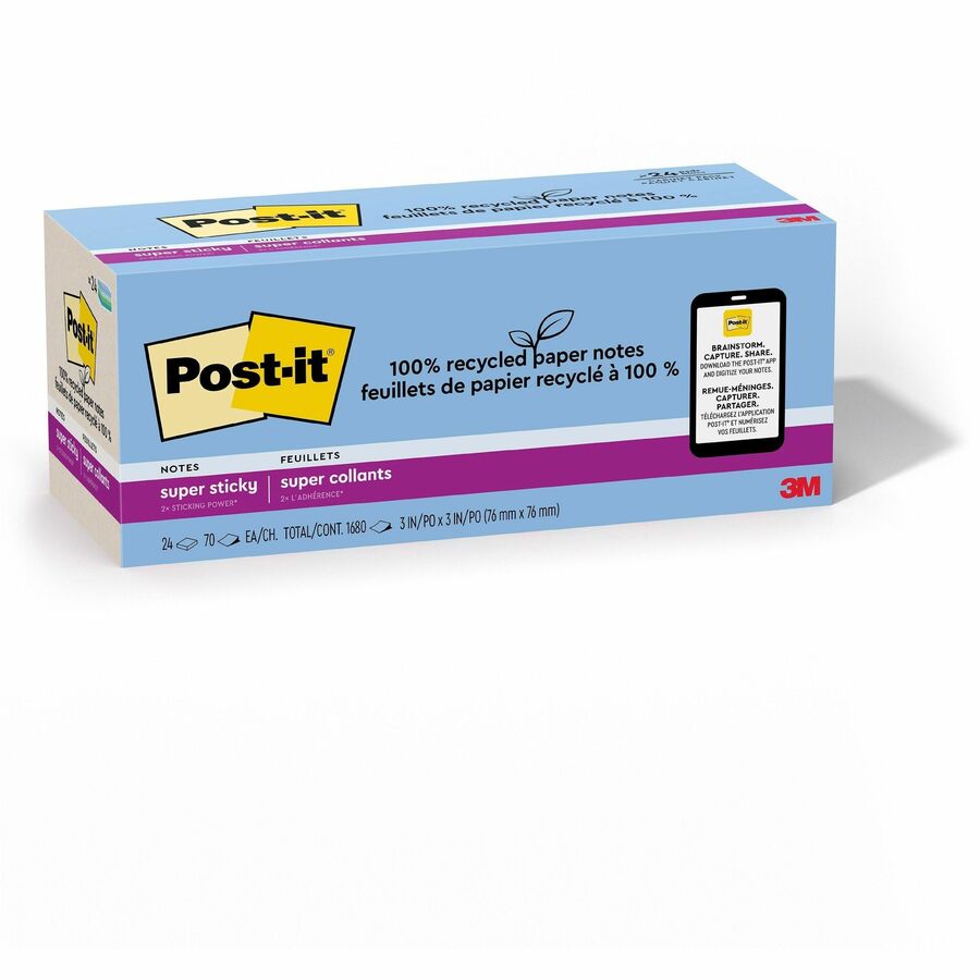 Post-it®, Recycled Super Sticky Notes - 70 - 3" Flag/Note Width x 3" Flag/Note Length - Square - 70 Sheets per Pad - Unruled - Assorted Oasis - Paper - Adhesive - 24 / Pack