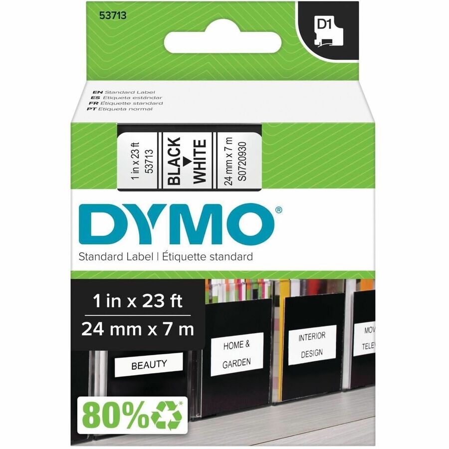 Dymo D1 Electronic Tape Cartridge - 1" Width x 23 ft Length - Thermal Transfer - Black, White - Plastic - 1 Each
