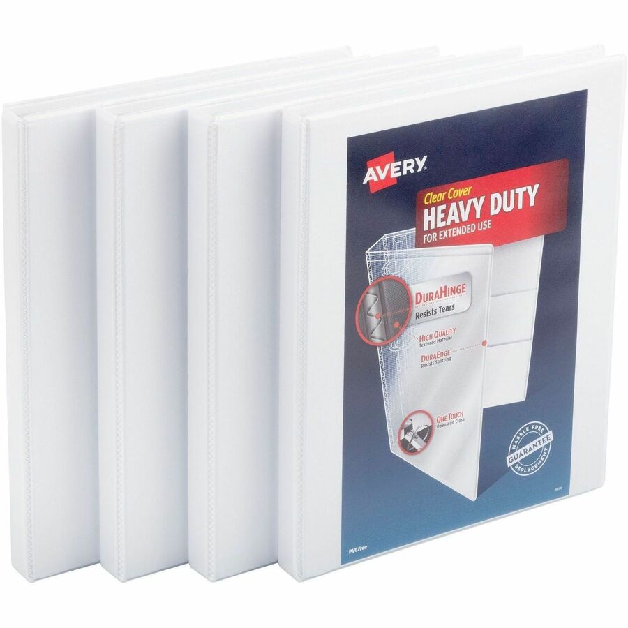 Avery®, Heavy-Duty View 3 Ring Binders, 0.5" One Touch Slant Rings, 4 White Binders (79709) - 1/2" Binder Capacity - Letter - 8 1/2" x 11" Sheet Size - 135 Sheet Capacity - 135 Ring - Fastener: Slant Ring - Pocket: 4 - Polypropylene - White - Adhesi...