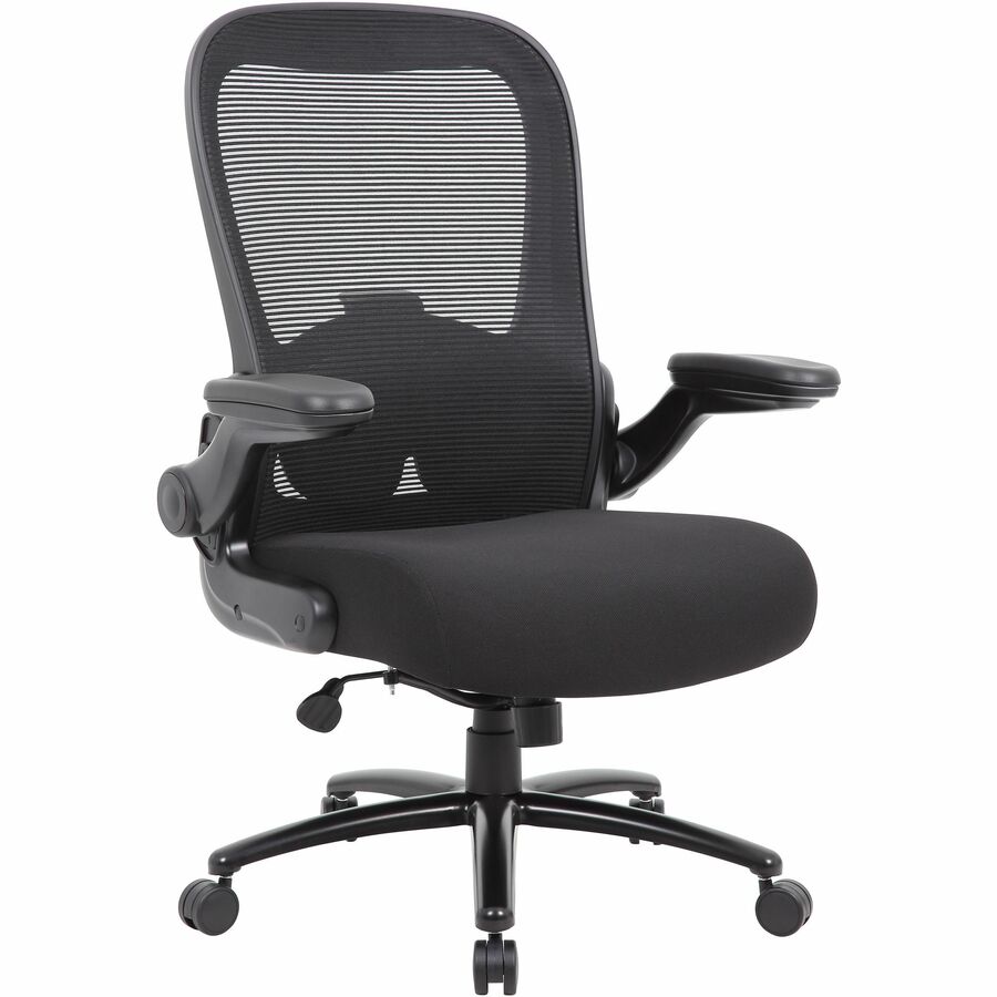 Boss Heavy Duty Flip Arm Mesh Chair - Black Seat Color - Fabric, High Density Foam (HDF) Seat Material - Black Back Color - Mesh Back Material - Black Frame Color - 5-star Base - Armrest - 1 Each