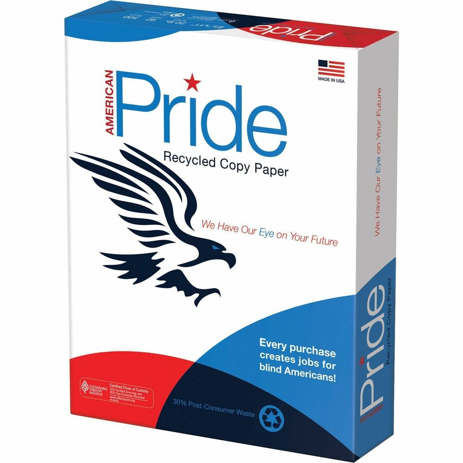 American Pride Recycled Copy Paper - White - Letter - 8 1/2" x 11" - 20 lb Basis Weight - Sustainable Forestry Initiative (SFI) - White - 500 Sheets per Ream - 10 / Carton