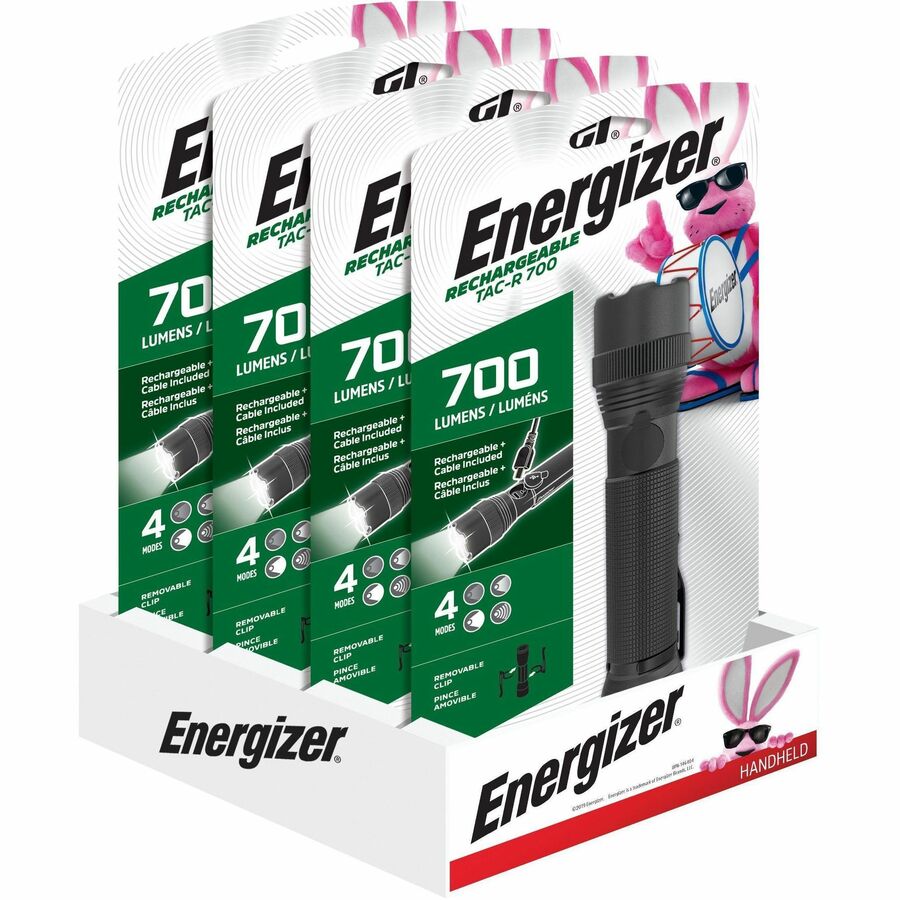 Energizer Rechargeable Tactical Flashlight, TacR700 - LED - 700 lm Lumen - Lithium Ion (Li-Ion) - Battery Rechargeable - Battery - Aircraft Aluminum, Metal - Black - 1 Each