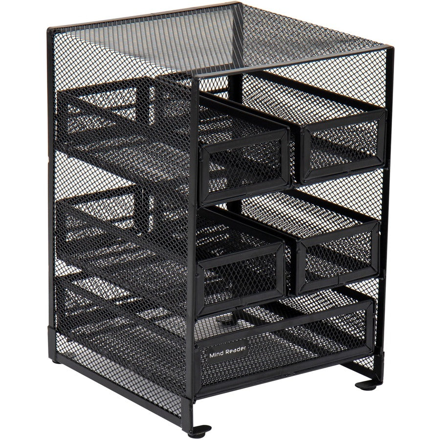 Mind Reader Network 5-Compartment Tea Bag Organizer - 30 x Tea Bag - 5 Compartment(s) - 5 Drawer(s) - 10" Height x 6.75" Width x 7" Length - Counter, Desktop, Tabletop - Removable Drawer, Easy to Clean, Non-skid Base, Rubber Feet, Compact - Black - Met...