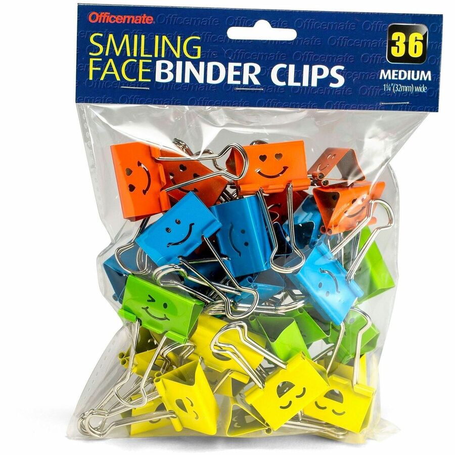 Officemate Smiling Face Binder Clips, Medium, Asst Color, 36 Pcs - Medium - 6.3" Length x 1.3" Width - for Binder, Classroom, Home, Office - Assorted, Red, Green, Blue, Yellow - Steel - 36 / Pack