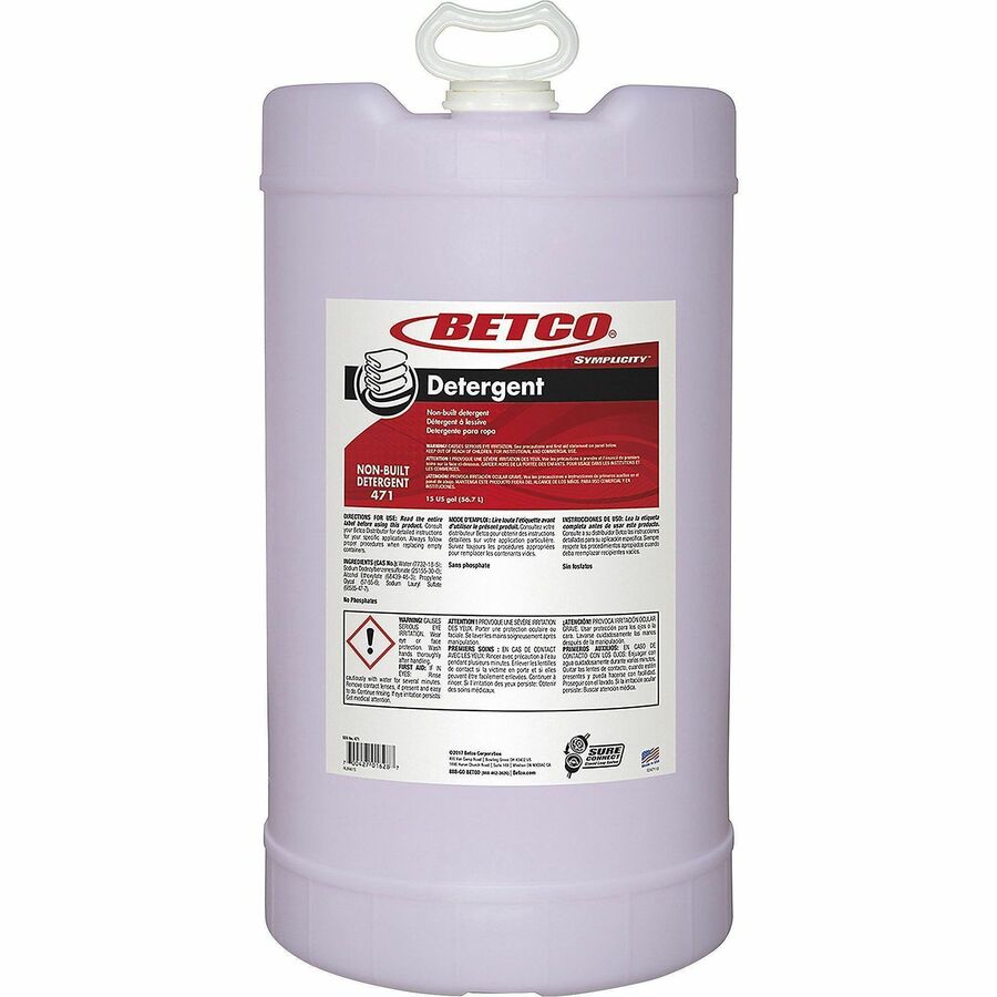 Betco Symplicity Laundry Detergent - Concentrate - 1920 fl oz (60 quart) - Springtime Fresh Scent - Spill Resistant, Anti-graying, Low Foaming - Lavender Drum - 1 Each
