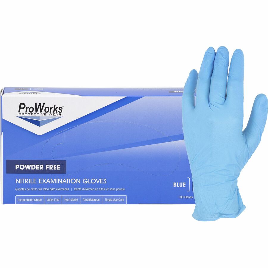 ProWorks Nitrile Powder-Free Exam Gloves - 4 mil Thickness x 9.50" Glove Length - Medium Size - For Right/Left Hand - Nitrile - Blue - Comfortable, Latex-free, Non-sterile - For Industrial, Food Service, Construction, First Responder/Defense, Healthcar...