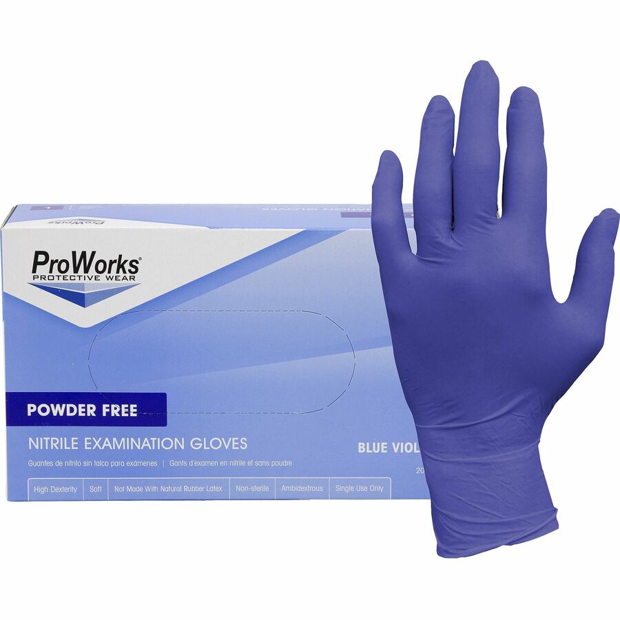 ProWorks Nitrile Powder-Free Exam Gloves - 3 mil Thickness x 9.50" Glove Length - Small Size - Nitrile - Blue Violet - Soft, Flexible, Comfortable, Latex-free, Non-sterile - For General Purpose, Industrial, Food Service, Gardening, Dental - 200/Box - 1...