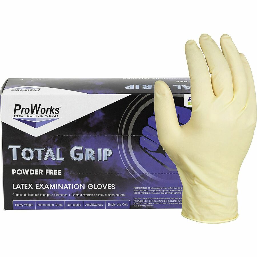 ProWorks Total Grip Latex Powder Free Exam Gloves - 8 mil Thickness x 9.40" Glove Length - X-Large Size - For Right/Left Hand - Latex - Natural - Double Chlorinated, Non-sterile - For Automotive, Aerospace, Correction, Laboratory, Oil & Gas, Painting...