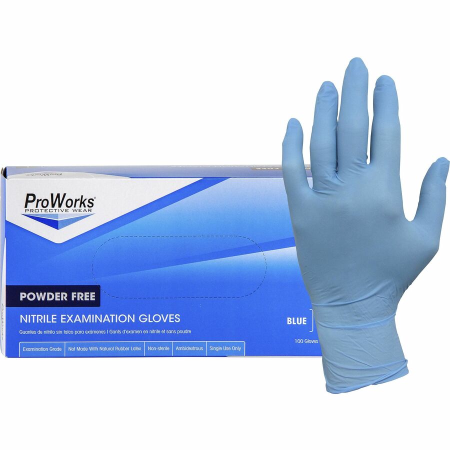 ProWorks NPF Nitrile Powder Free Exam Gloves - 5.5 mil Thickness x 9.50" Glove Length - Large Size - For Right/Left Hand - Synthetic Nitrile Rubber - Blue - Non-sterile, Latex-free, Odor-free, Puncture Resistant, Tear Resistant, Chemical Resistant, Tex...