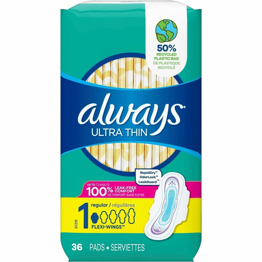 Always Flexi-Wing Ultra Thin Pads - Size 1 - Regular - Anti-leak, Comfortable, Absorbent - 36/Pack - 6 / Carton