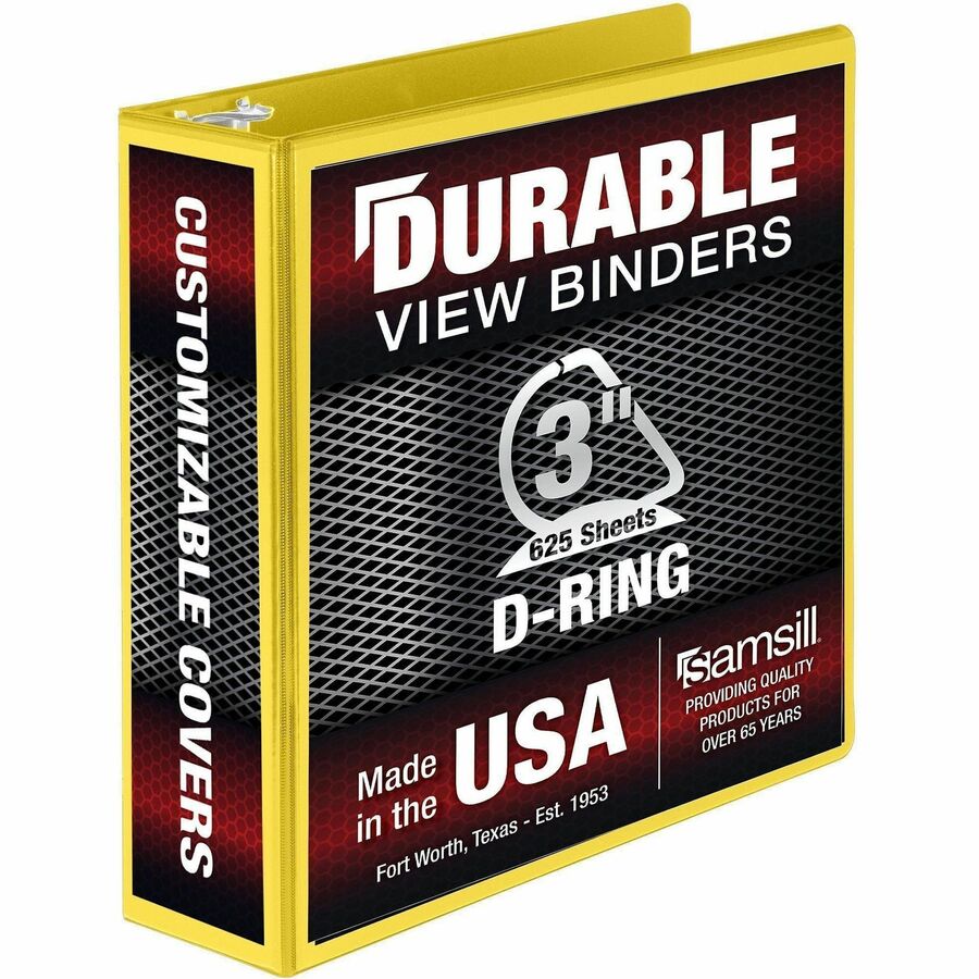 Samsill Durable Three-Ring View Binder - 3" Binder Capacity - 625 Sheet Capacity - 3 Ring - Fastener: D-Ring - Pocket: 2, Internal - Polypropylene, Chipboard - Yellow - Durable, PVC-free, Ink-transfer Resistant, Clear Overlay, Sturdy - 1 Each