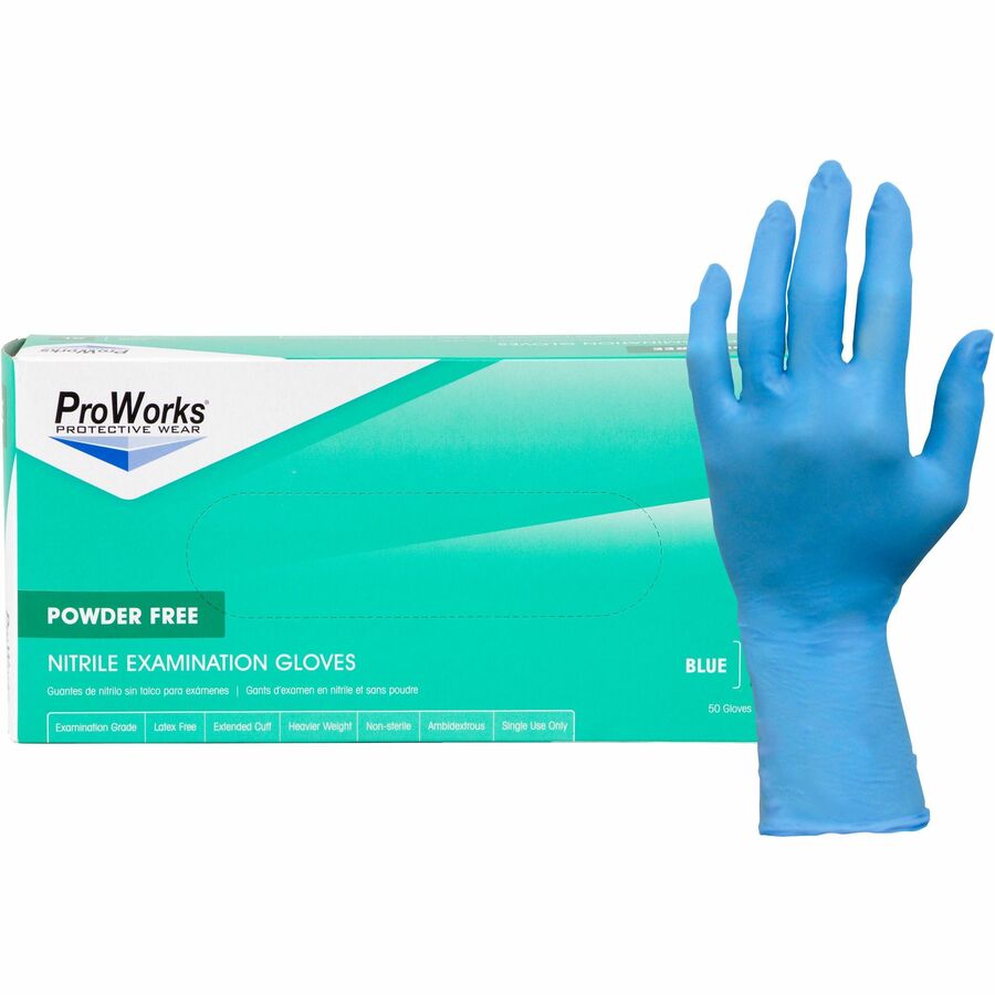 ProWorks Nitrile Powder-Free Exam Gloves - 8 mil Thickness x 12" Glove Length - Large Size - For Right/Left Hand - Nitrile - Blue - Non-sterile, Wear Resistant, Tear Resistant, Durable, Latex-free, Heavyweight - For Automotive, Aerospace, Examination...
