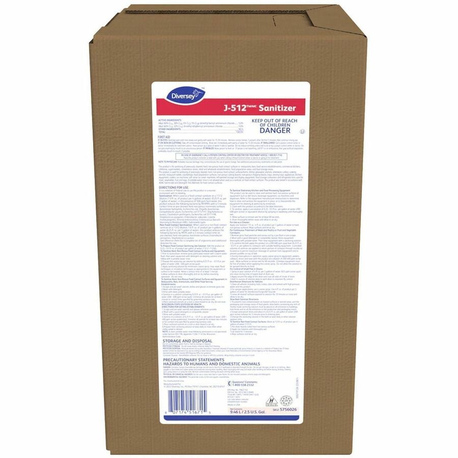 Diversey J-512TM/MC Sanitizer - 320 fl oz (10 quart) - 7.9 pH - Quaternary Scent - Kosher, Rinse-free - Red - 1 Carton