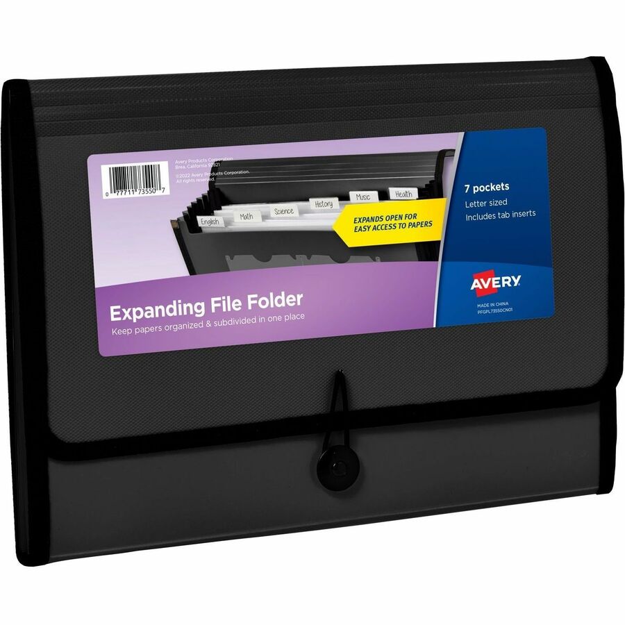 Avery®, Letter, A4 Expanding File - 425 Sheets Capacity - 7 Pocket - Polypropylene, Plastic, Fabric - Black - 0% Recycled - 1 Each