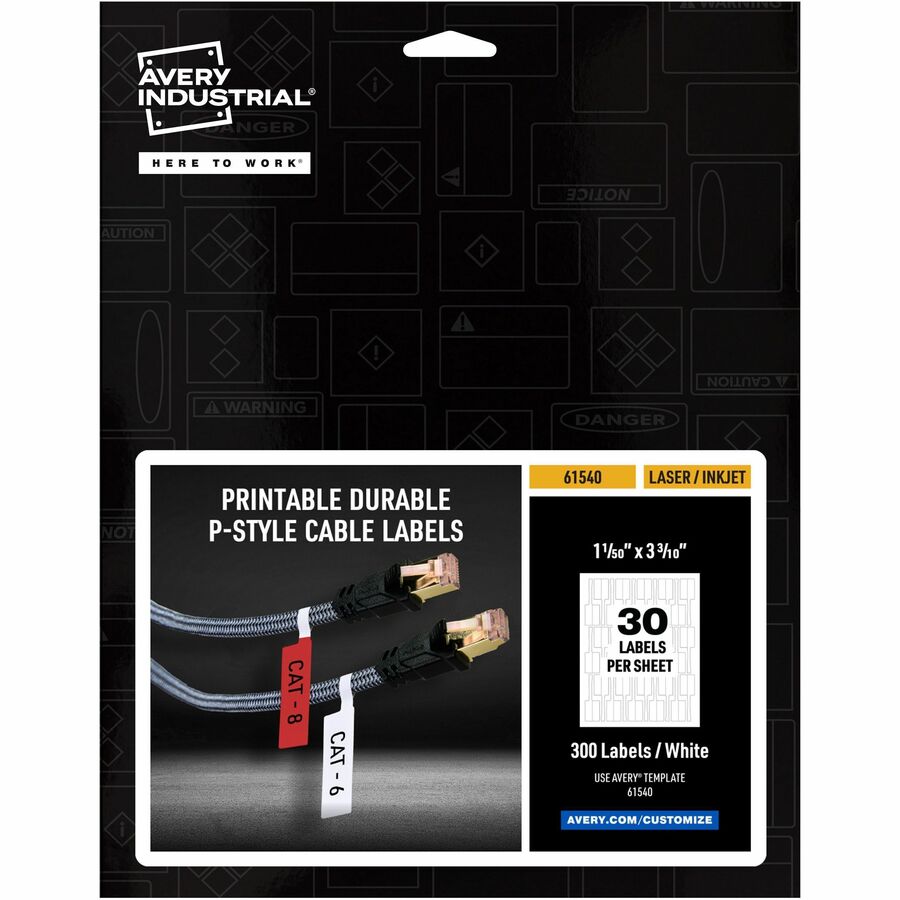 Avery®, Cable Labels, P-Style, 1.02" x 3.3" , 300 Total (61540) - Waterproof - 1 1/64" Width x 3 19/64" Length - Permanent Adhesive - P-shaped - Laser, Inkjet - White - Film - 30 / Sheet - 10 Total Sheets - 300 Total Label(s) - 1 Pack
