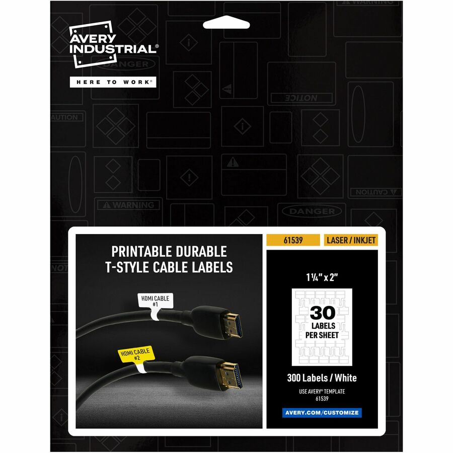 Avery®, Cable Labels, T-Style, 1.25" x 2" , 300 Total (61539) - Waterproof - 1 1/4" Width x 2" Length - Permanent Adhesive - T-shaped - Inkjet, Laser - White - Film - 30 / Sheet - 10 Total Sheets - 300 Total Label(s) - 1 Pack
