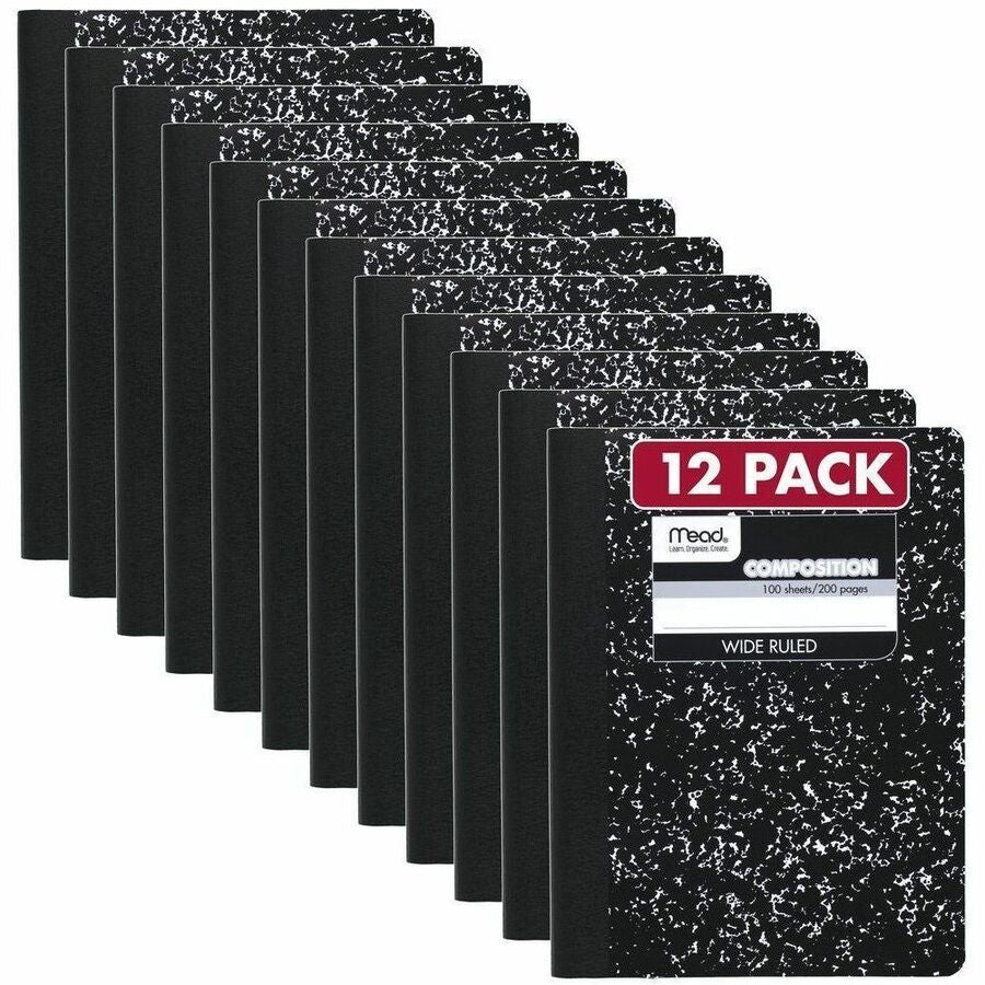 Mead Wide Ruled Composition Book - 1 Subject(s) - 100 Sheets - 200 Pages - Sewn - Legal/Wide Ruled Front Ruling - 20 lb Basis Weight - 9 3/4" x 7 1/2" Sheet Size - White Paper - Black Marble Marble Paper Cover - Reference Page, Double Sided Sheet, Conv...