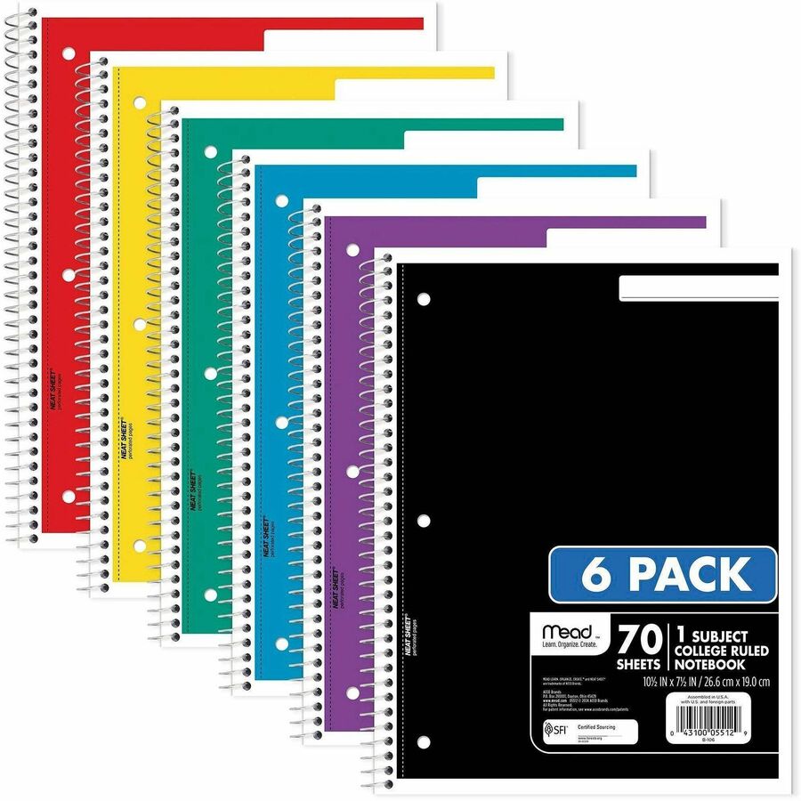 Mead 1-Subject Spiral Notebook - 1 Subject(s) - 70 Sheets - 70 Pages - Wire Bound - 3 Hole(s) - 7 1/2" x 10 1/2" Sheet Size - 10.50" Height x 8.3" Width x 0.5" Depth - Black, Blue, Green, Purple, Red, Yellow Cover - Opaque, Double Sided Sheet, Perforat...