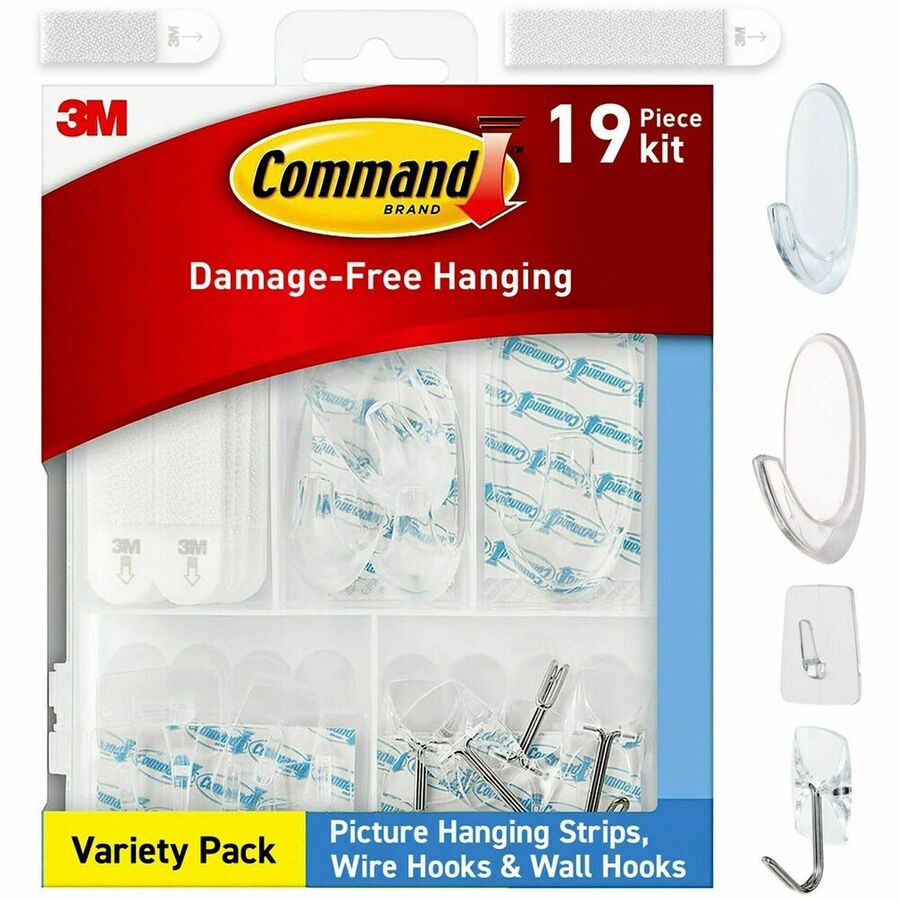 Command Clear Hanging Hooks Variety Pack - Adhesive - Assorted - for Wood, Tile, Glass, Metal, Hat, Calendar, Decoration, Smooth Surface, Key, Spoon, Tool, ... - Plastic - Clear - 53 / Pack