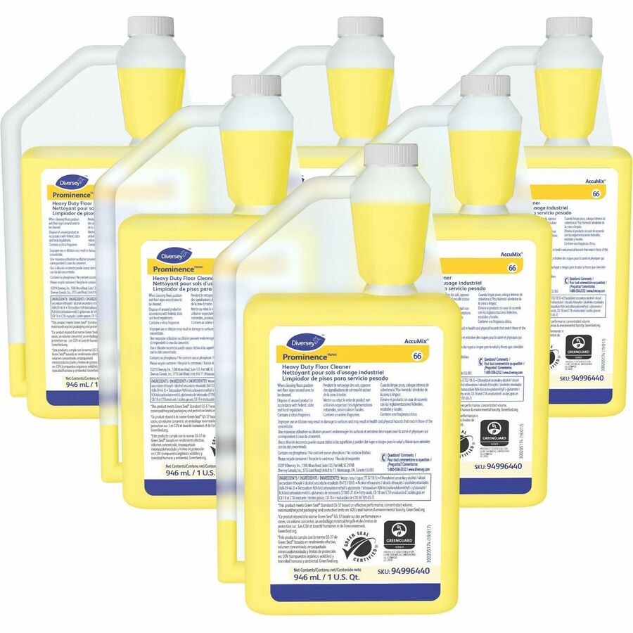 Diversey Prominence Heavy Duty Floor Cleaner - Concentrate - 32 fl oz (1 quart) - Citrus Scent - Heavy Duty, Film-free, Rinse-free, pH Neutral, Dilutable - Yellow - 6 / Carton