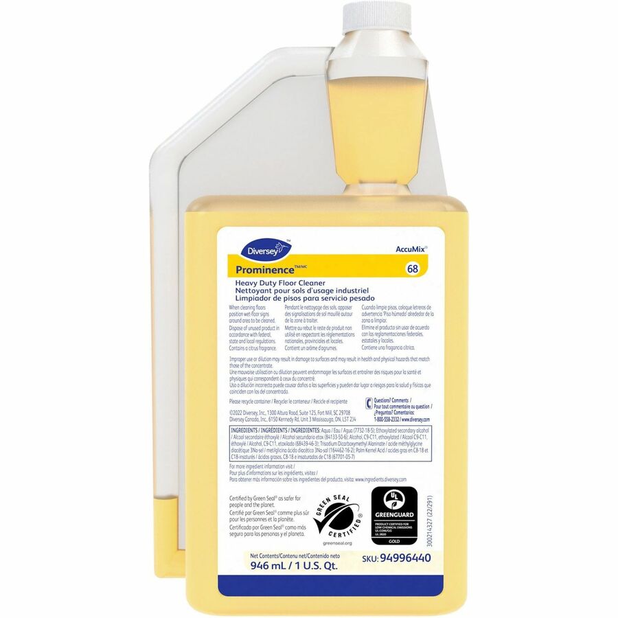 Diversey Prominence Heavy Duty Floor Cleaner - Concentrate - 32 fl oz (1 quart) - Citrus Scent - Heavy Duty, Film-free, Rinse-free, pH Neutral, Dilutable - Yellow - 1 Each
