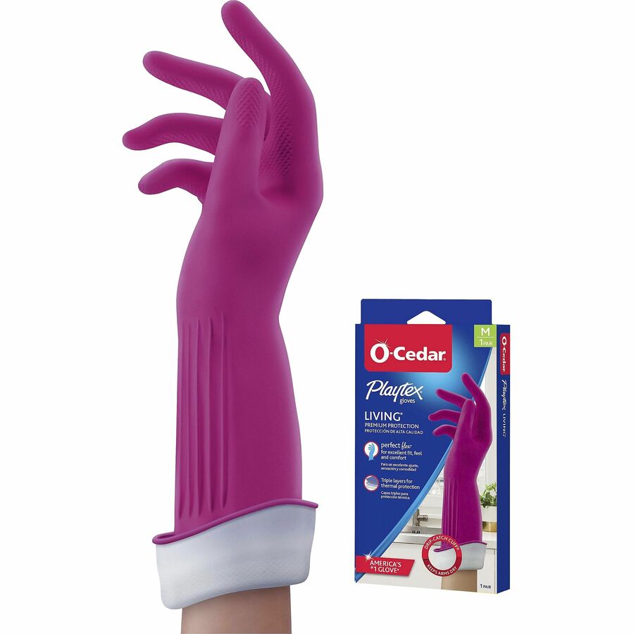 O-Cedar Playtex Living Gloves - 14" Glove Length - Chemical, Bacteria Protection - Medium Size - Latex, Neoprene, Nitrile - Pink - Anti-microbial, Reusable, Durable, Comfortable, Odor Resistant, Textured Palm, Textured Fingertip - For Household, Cleani...