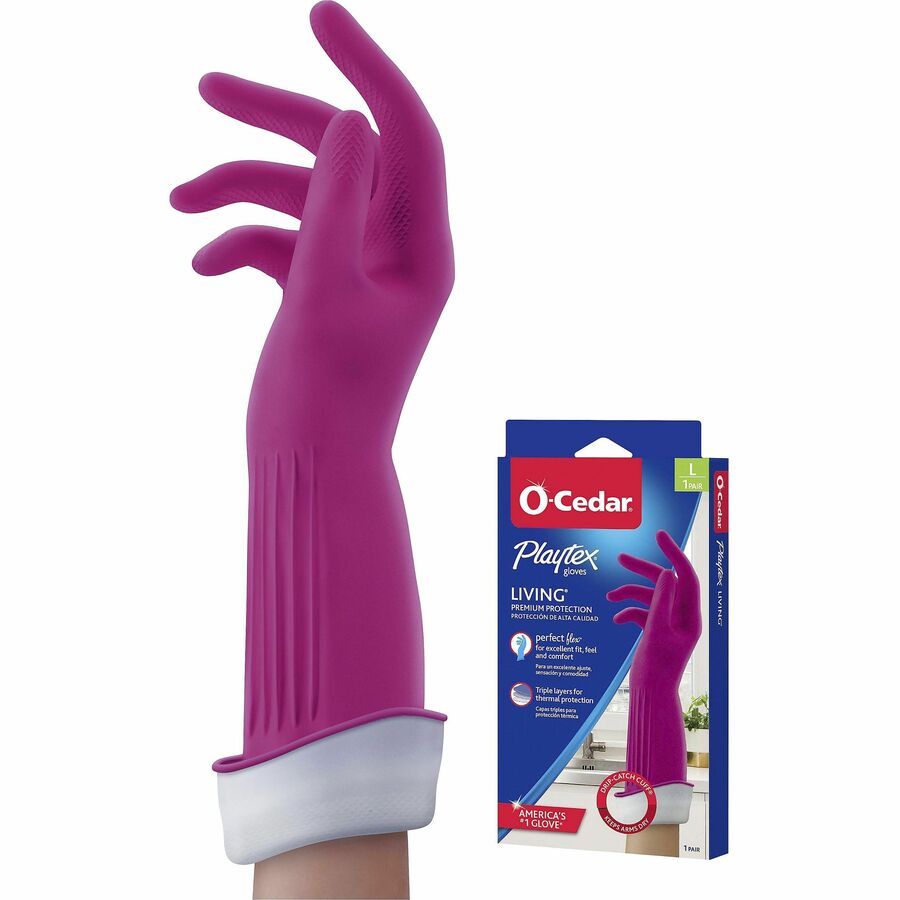 O-Cedar Playtex Living Gloves - 14" Glove Length - Chemical, Bacteria Protection - Large Size - Latex, Neoprene, Nitrile - Pink - Anti-microbial, Reusable, Durable, Comfortable, Odor Resistant, Textured Palm, Textured Fingertip - For Household, Cleanin...