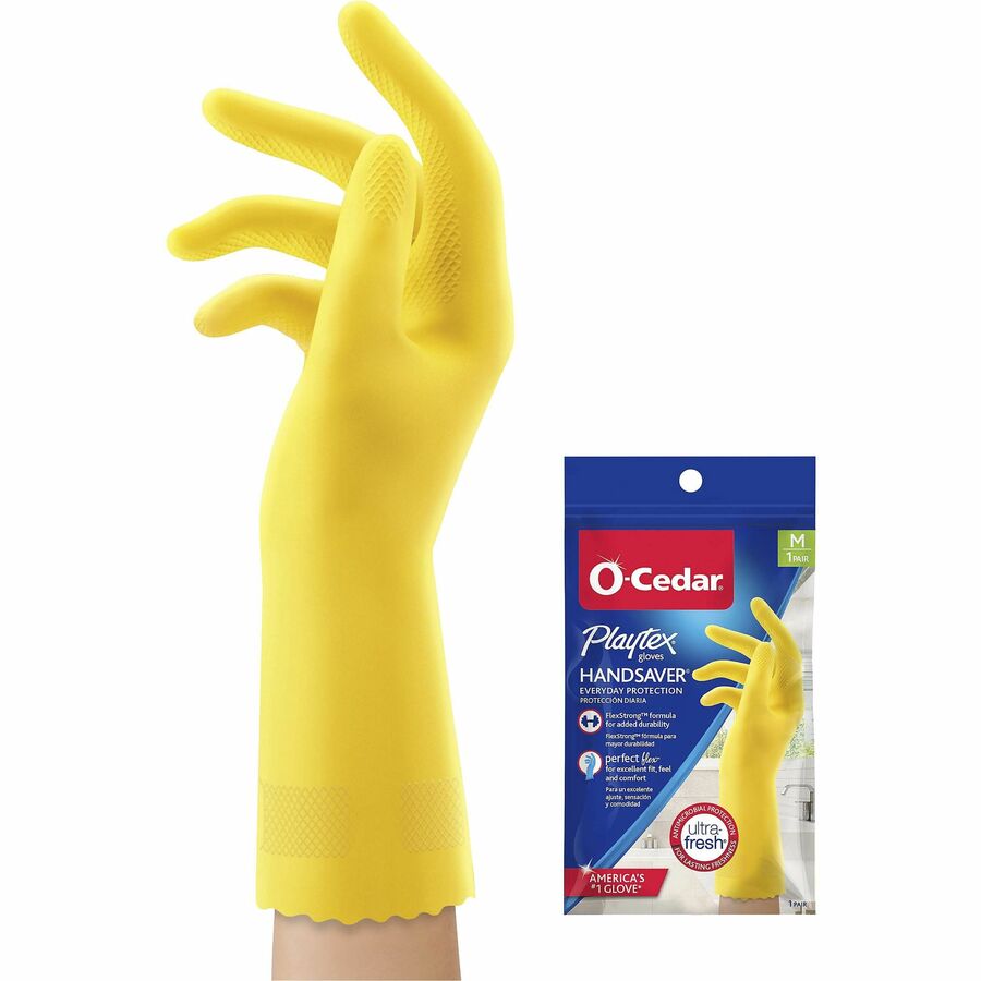 O-Cedar Playtex Handsaver Gloves - Hot Water, Chemical Protection - Medium Size - Latex, Nitrile, Neoprene - Yellow - Long Lasting, Durable, Anti-microbial, Odor Resistant, Comfortable, Textured Fingertip, Textured Palm, Reusable - For Household, Clean...