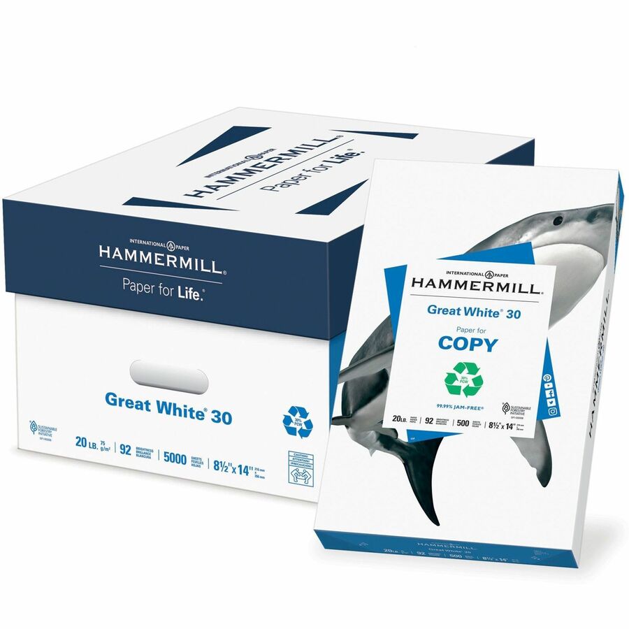 Hammermill Great White 30 Copy Paper - 92 Brightness - 88% Opacity - 8 1/2" x 14" - 20 lb Basis Weight - 75 g/m², Grammage - Acid-free, Jam-free - White - 500 Sheets per Ream - 10 / Carton