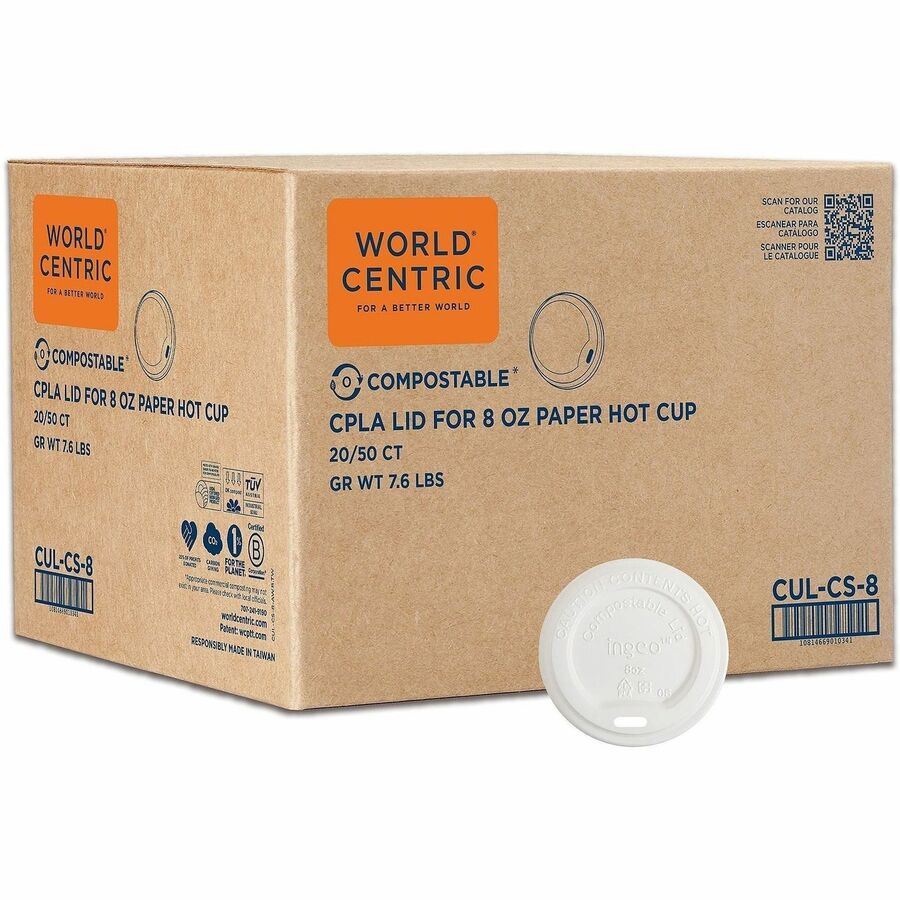 World Centric 8oz Compostable Hot-Cup Sip Lids - Round - Polylactic Acid (PLA) - White - 20 / Carton