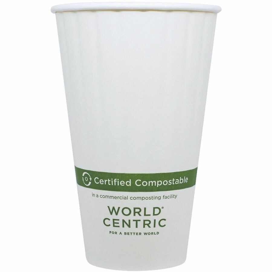 World Centric Compostable Double-Wall Paper Hot Cups - 16 fl oz - Leak Proof Closure - White - Paper - Hot Drink, Coffee, Tea, Coffee Shop, Cafe, Cold - 15 / Carton