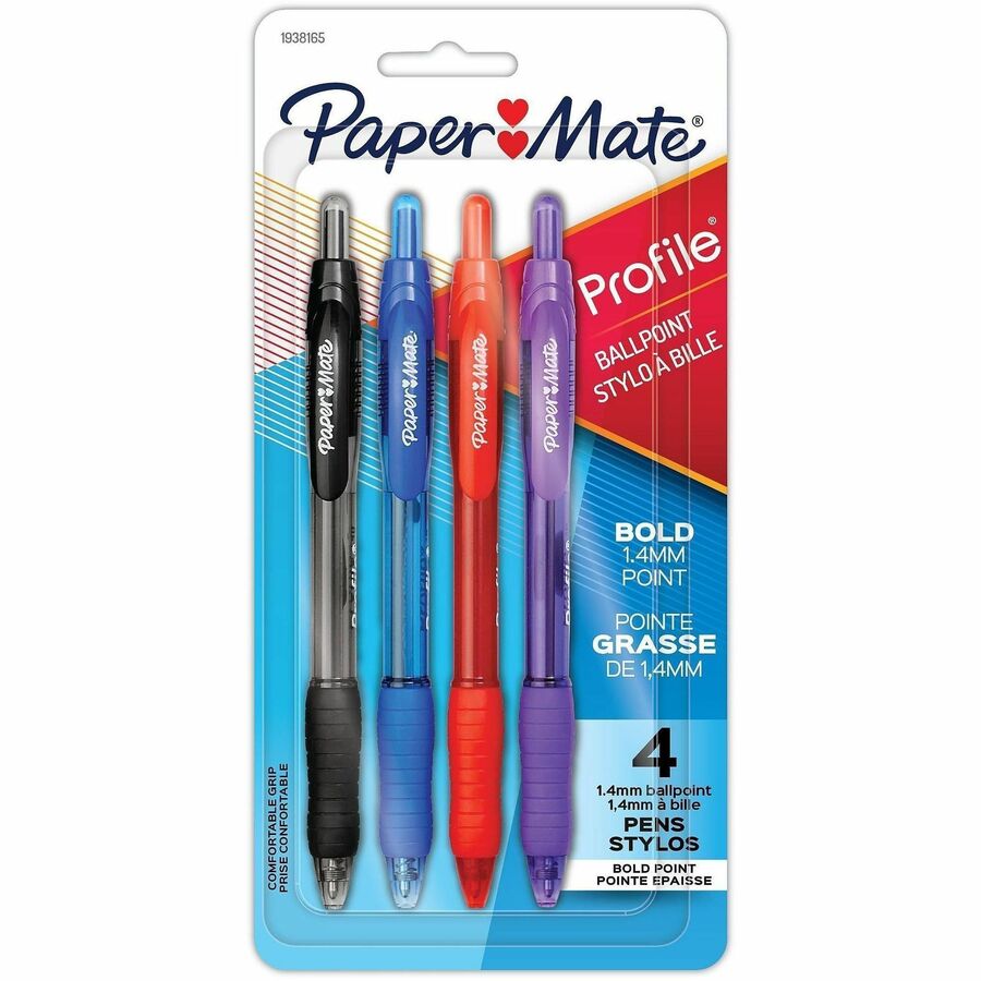 Paper Mate Profile Ballpoint Pen - Retractable - Assorted Ink - Black, Blue, Red, Purple Barrel - 4 / Pack