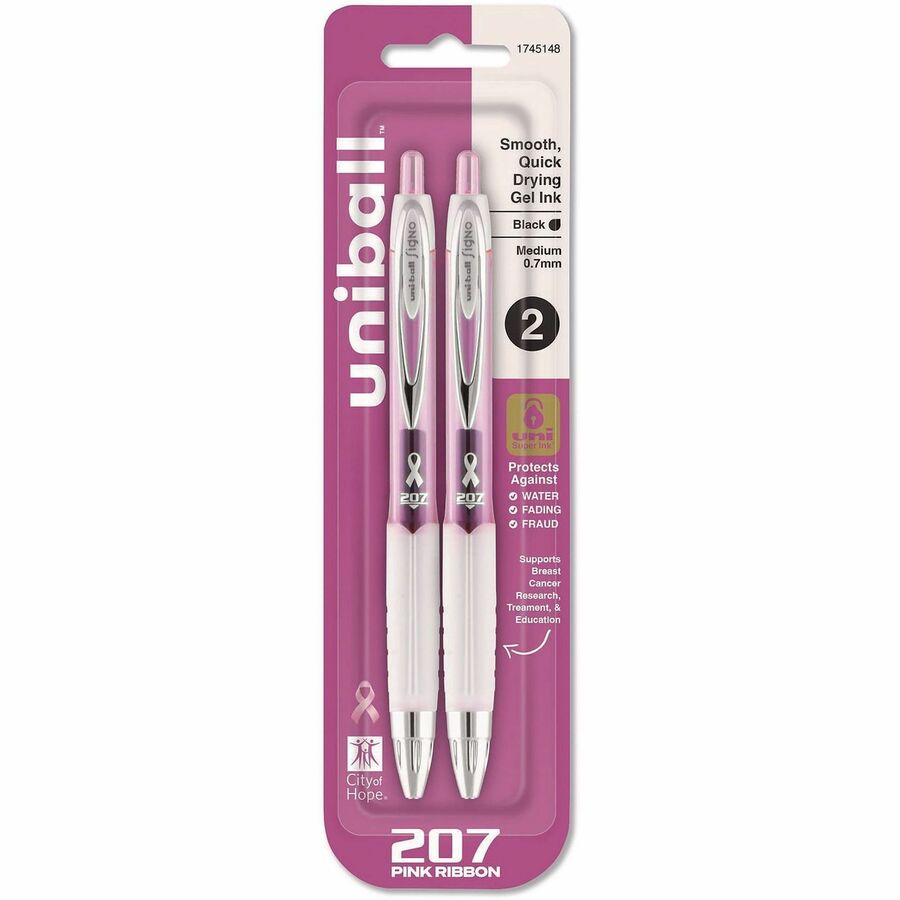 uni®, 207 Pink Ribbon Gel Pen - Refillable - Retractable - Black Ink - Pigment-based, Liquid Gel Ink - Pink Barrel - Writing - 2 / Pack