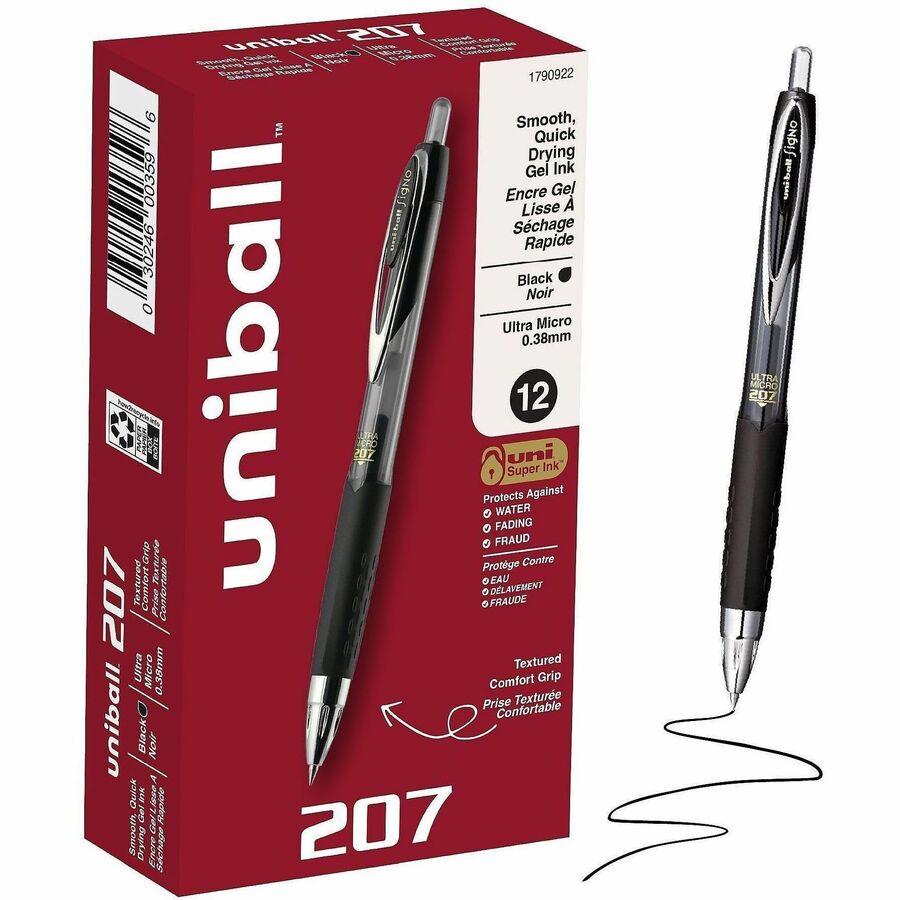 uniball™, 207 Gel Pens - Retractable - Black Ink - Pigment-based, Gel-based - Clear, Black Barrel - Stainless Steel Tip - Office, Home, Classroom, Writing - 12 / Dozen