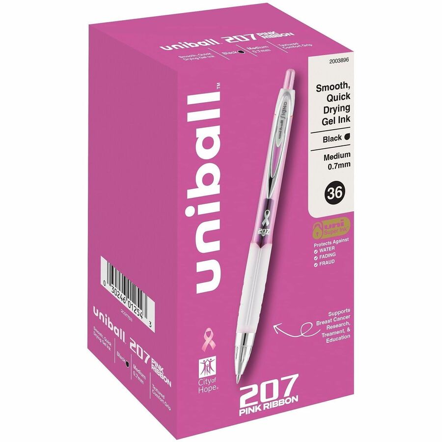 uniball™, 207 Gel Pens - Retractable - Black Ink - Pigment-based, Gel-based - Pink Barrel - 36 / Box