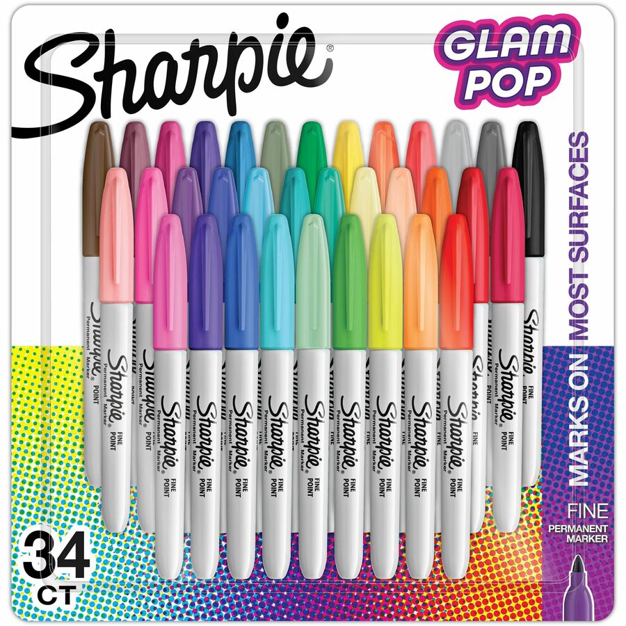 Sharpie Glam Pop Permanent Markers - Assorted Ink - 34 / Pack
