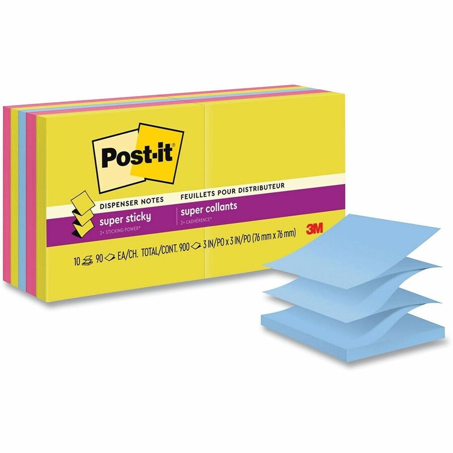 Post-it®, Super Sticky Pop-up Notes R330-10SSJOY, 3 in x 3 in (76 mm x 76 mm) - 900 - 3" Flag/Note Width x 3" Flag/Note Length - Rectangle - 90 Sheets per Pad - Unruled - Summer Joy - Super Sticky, Adhesive, Recyclable - 10 / Pack