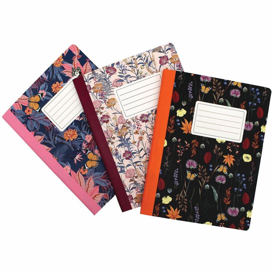Pukka Pads Bloom Composition Book 3 Pack - 70 Sheets - 140 Pages - Printed - Stitched - 80 g/m², Grammage - 9.70" Height x 7.5" Width - Assorted Cover - 3 / Pack