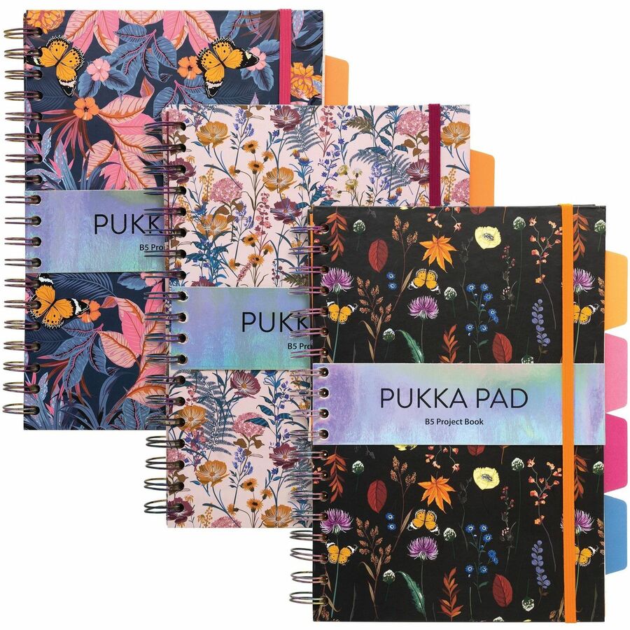 Pukka Pads Bloom B5 Hardcover Project Book - Assorted Pack Of 3 - 200 Pages - Printed - Twin Wirebound - Both Side Ruling Surface - Ruled Front Ruling - 0.31" Ruled - 80 g/m², Grammage - B5 - 6 29/32" x 9 4/5" Sheet Size - 2.25" Height x 8.8" Width...