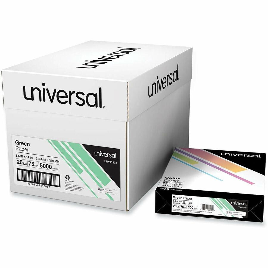 Universal Copy Paper - 20 lb Basis Weight - 75 g/m², Grammage - Green - 5000 Sheets - 500 Sheets per Ream - 10 / Carton