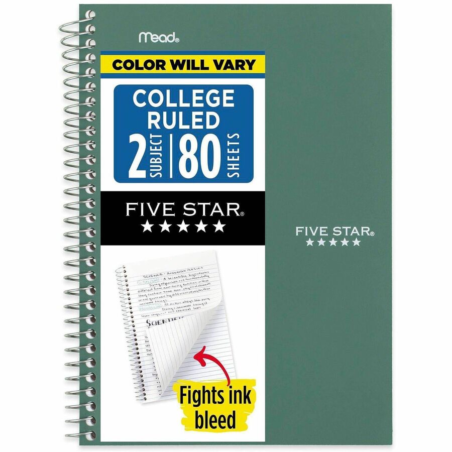 Mead College Ruled Notebook - 2 Subject(s) - 80 Sheets - Wire Bound - Ruled Margin - 6" x 9 1/2" Sheet Size - Assorted Plastic, Poly Cover - Durable, Water Resistant, Reinforced, Tear Resistant, Pocket Divider, Ink Resistant, Flexible Cover, Perforated...