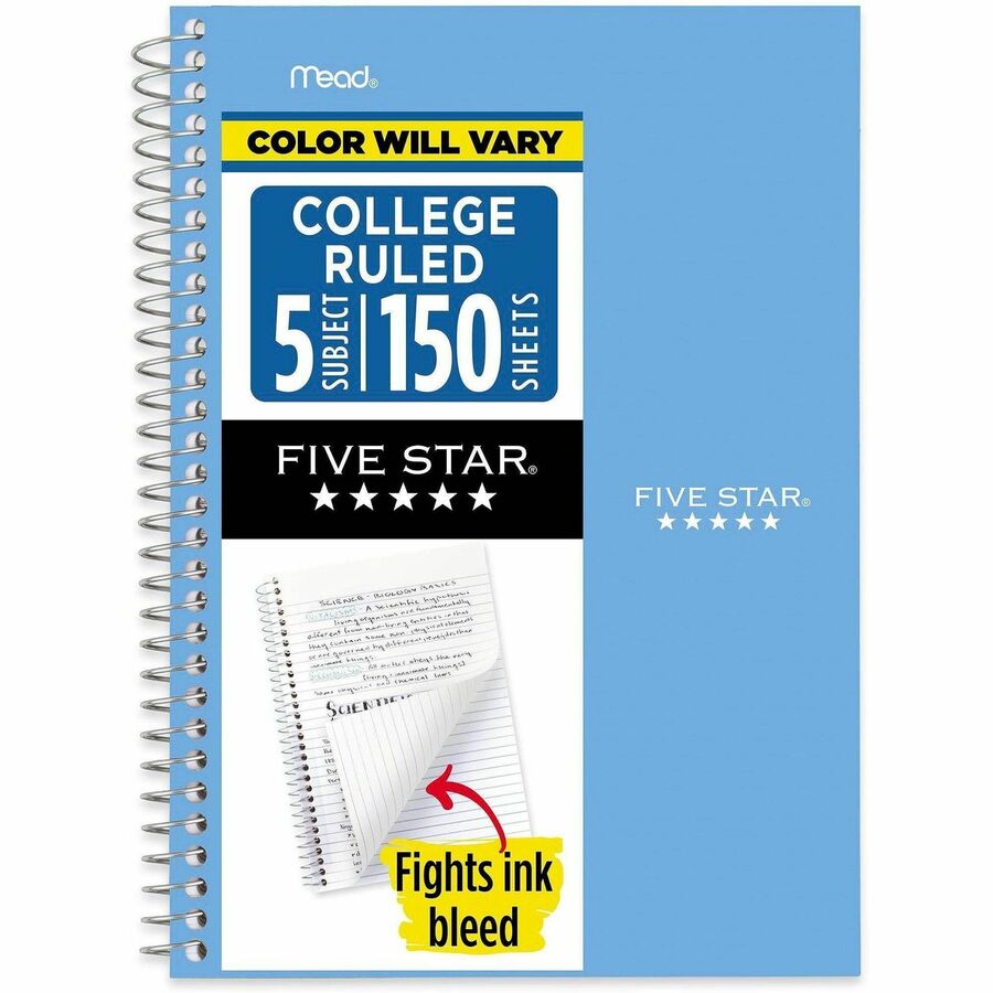 Mead College Ruled Notebook - 5 Subject(s) - 150 Sheets - Spiral - Ruled Margin - 6" x 9 1/2" Sheet Size - Assorted Plastic Cover - Double Sided Sheet, Ink Resistant, Perforated, Easy Tear, Tear Resistant, Durable, Water Resistant, Spiral Lock, Snag Re...