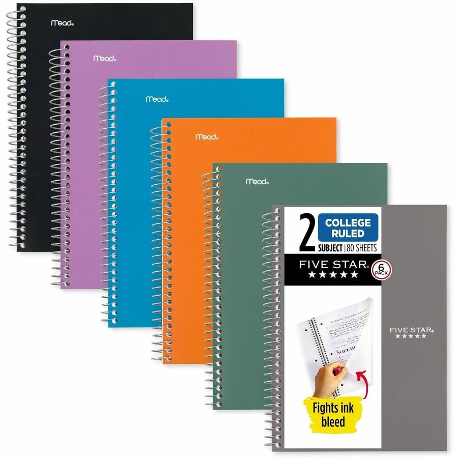 Mead College Ruled Notebook - 2 Subject(s) - 80 Sheets - Spiral - Ruled Margin - 6" x 9 1/2" Sheet Size - Assorted Plastic Cover - Double Sided Sheet, Ink Resistant, Perforated, Easy Tear, Tear Resistant, Durable, Water Resistant, Spiral Lock, Snag Res...