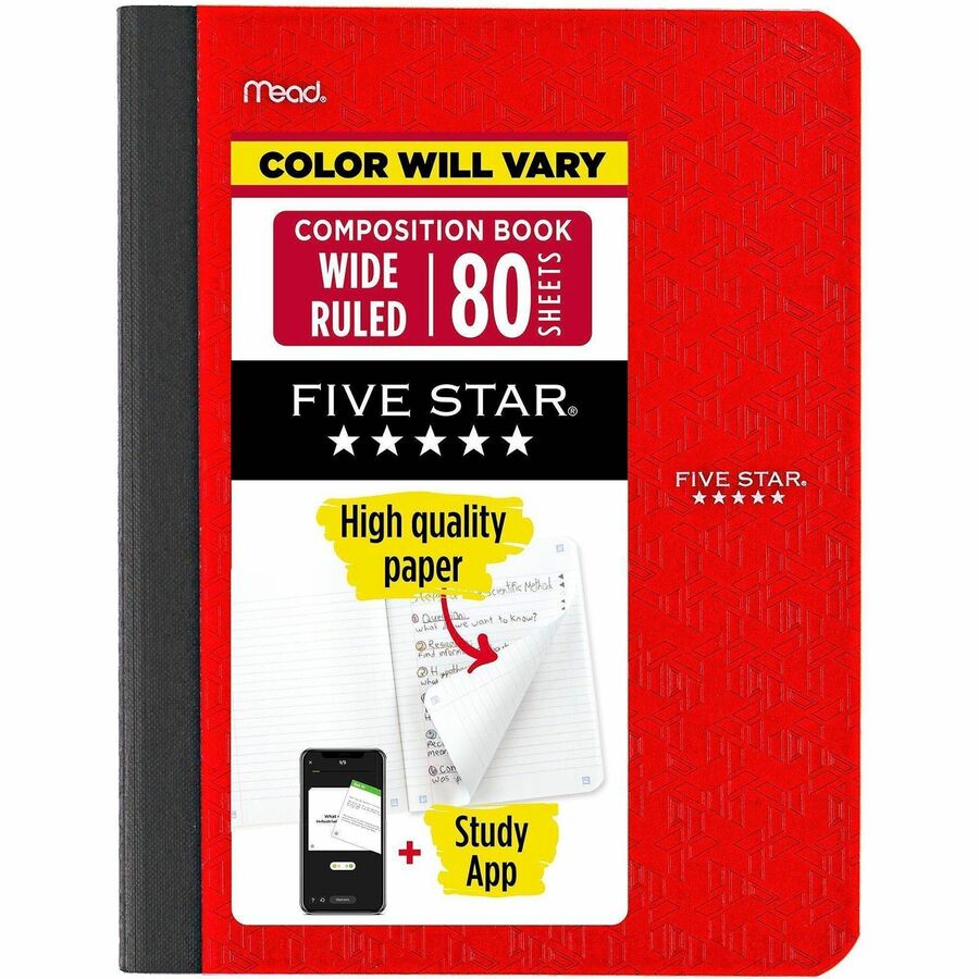Five Star Wide Ruled Composition Book - 80 Sheets - Sewn - Wide Ruled Margin - 7 1/2" x 9 3/4" Sheet Size - Assorted Plastic Cover - Double Sided Sheet, Durable, Smooth, Snag Resistant - 1 Each