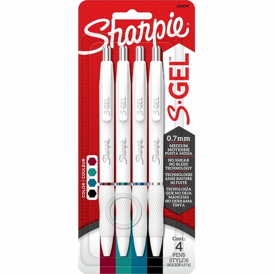 Sharpie S-Gel, White Fashion Barrel, Medium Point (0.7mm) - Update Classic Ink - Gel-based - White Plastic Barrel - 4 / Pack