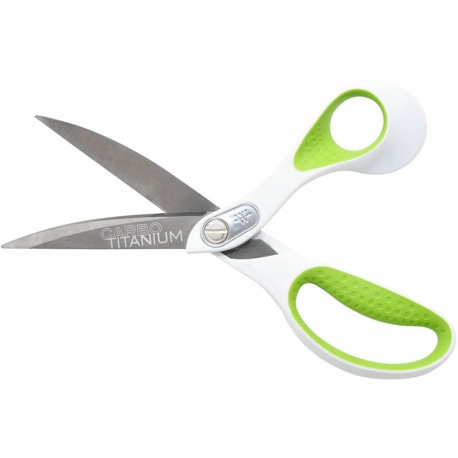Westcott Carbo Titanium Bent Scissors - 4.50" Cutting Length - 9" Overall Length - Bent-right - Blunted Tip - White, Green - 1 Each