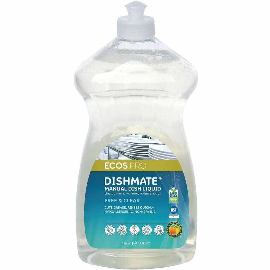 ECOS®, PRO Dishmate Manual Dishwashing Liquid - For Dish, Sink - Concentrate - Liquid - 25 fl oz (0.8 quart) - Free & Clear Scent - Recommended For: Grease Remover, Residue Remover, Food Remover - Aseptic, pH Balanced, Dye-free, Residue-free, Skin-f...