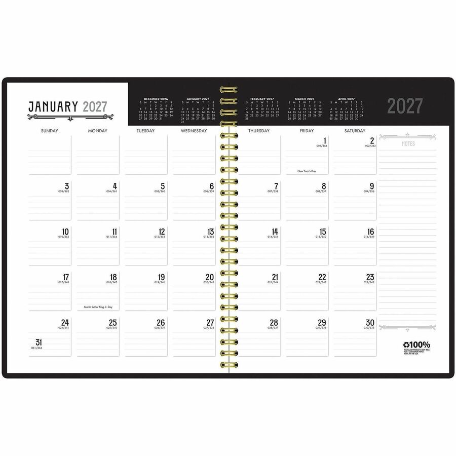 House of Doolittle Recycled Deco Days Planner - Julian Dates - Monthly - 14 Month - December 2026 to January 2028 - Sunday, Saturday - 1 Month Double Page Layout - 11" x 8 1/2" Sheet Size - 1.69" x 1.63" Block - Wire Bound - Black - Black Leather Cover...
