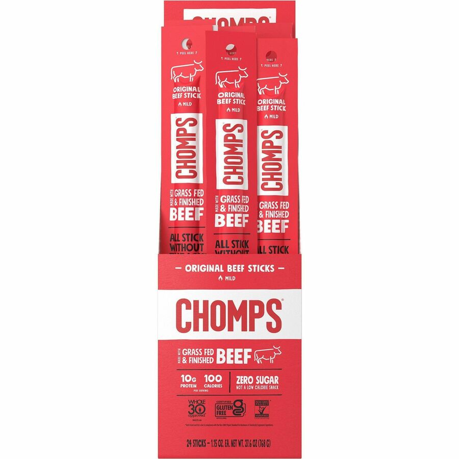 CHOMPS Original Beef Snack Sticks - Gluten-free - Original Beef Jerky - 1.15 oz - 24 / Pack